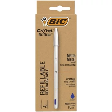 Golyóstoll 0,32 mm, kupakos, matt ezüst színű tolltest, BIC &quot;Cristal Re`New&quot;, kék + betét