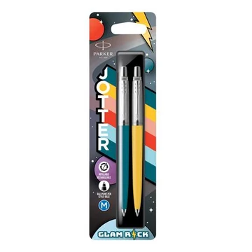 Golyóstoll szett, 0,7 mm, ezüst színű klip, kék és sárga tolltest, PARKER &quot;Jotter Glam Rock&quot;, kék - 2db