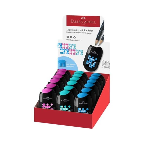 Hegyező display, kétlyukú, 2 tartályos, FABER-CASTELL, vegyes színek - 18db