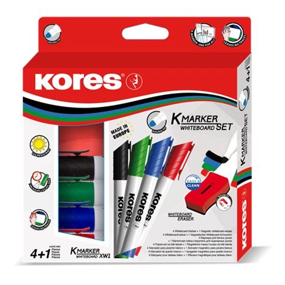 Tábla- és flipchart marker készlet mágneses táblatörlő szivaccsal, 3 mm, kúpos KORES 