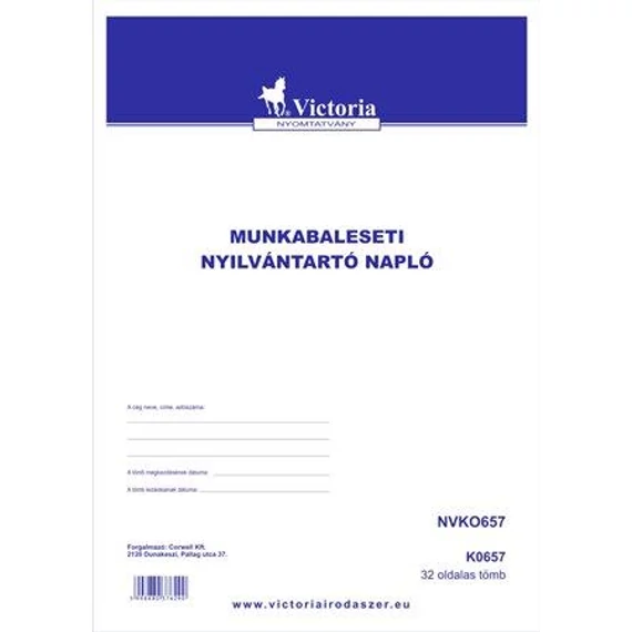 Nyomtatvány, munkabaleseti nyilvántartó napló, 32 oldal,  A4, VICTORIA PAPER, 10 tömb