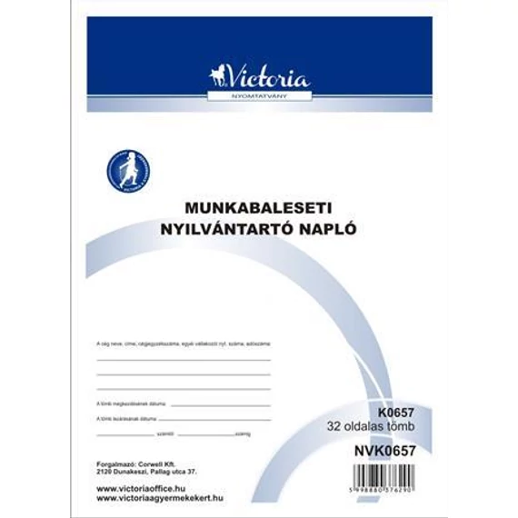 Nyomtatvány, munkabaleseti nyilvántartó napló, 32 oldal,  A4, VICTORIA PAPER, 10 tömb